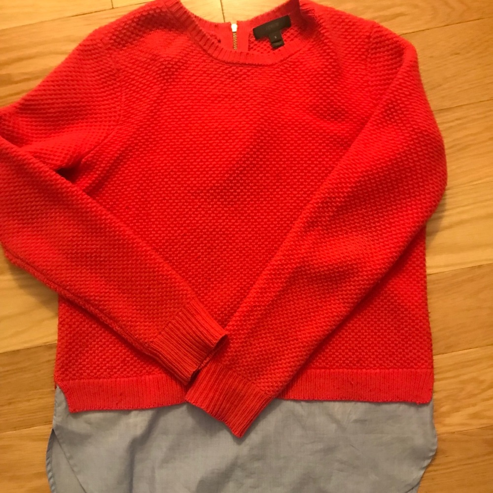 Red Jcrew sweater with blue shirt lining
